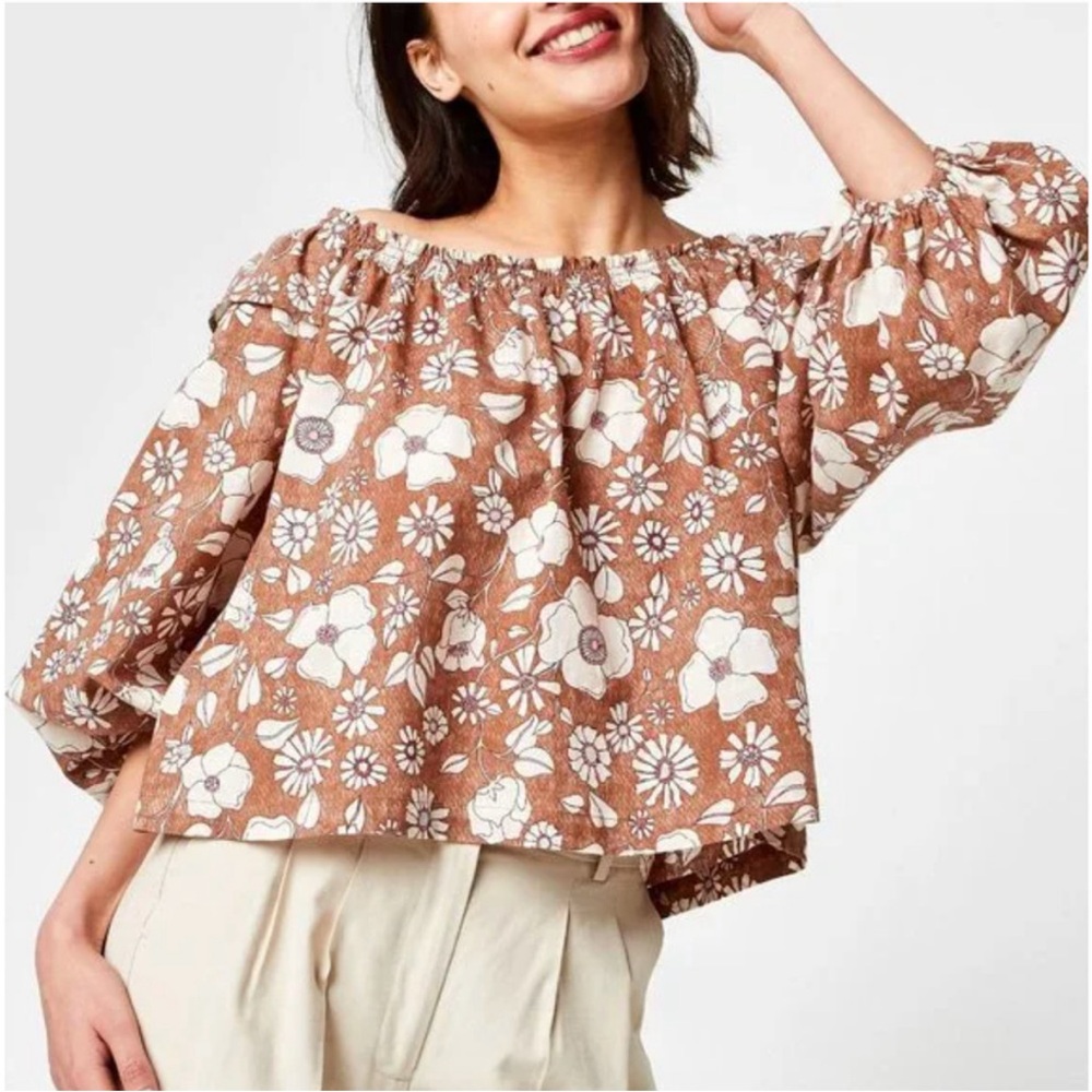 Free People Miss Daisy Printed Top 100% Cotton Ruffle Trim Vintage Combo Small